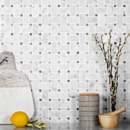 Apollo Tile Sample, White Basket Weave W/Beige Dots 12"X12" Carrara Mrbl Msic Tile APLKB99B03GEC22 Sample